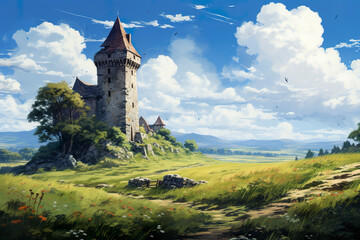 Painting illustration of a majestic tower among the vast plains. Tower of a sentinel of nature perfectly blending the environment around it. Tower in a scene of serenity with the natural landscape.