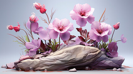 Several purple flowers grow on a rock. Charming natural flowers in shades of purple in a warm style and delicate coloring in a setting that celebrates spring nature.