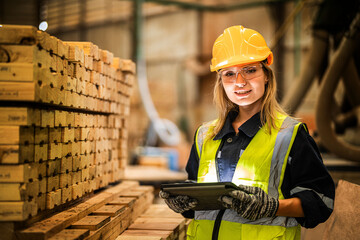 woman worker carpenter wearing safety uniform and hard hat working and checking the quality of...