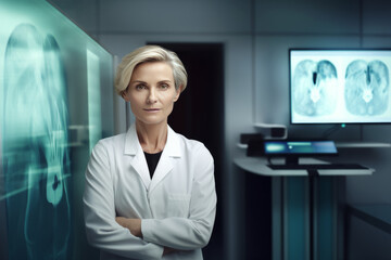 Beautiful blonde female doctor physician radiologist in white coat in modern MRI CT CAT Scan X-Ray room, hands crossed