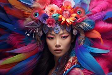 Obraz premium Asian woman face with feather headdress and neon flowers