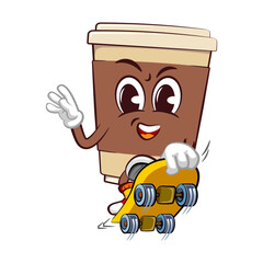 Cute happy coffee paper cup mascot is jumping on a skateboard. Isolated vector flat cartoon character illustration icon design. Coffee to go, take away concept