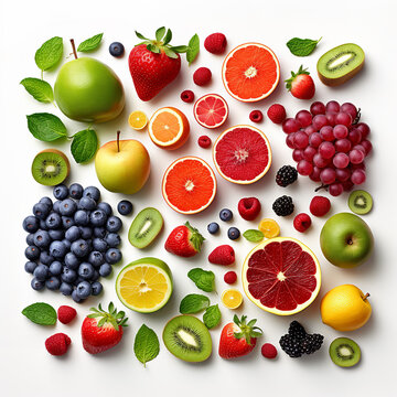 Collection of Fruits, Berries, Lemons, Blueberries, Strawberries, Kiwi, Apple on white background