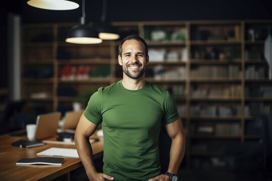 Happy Successful Small Business Owner Wearing A Green Shirt