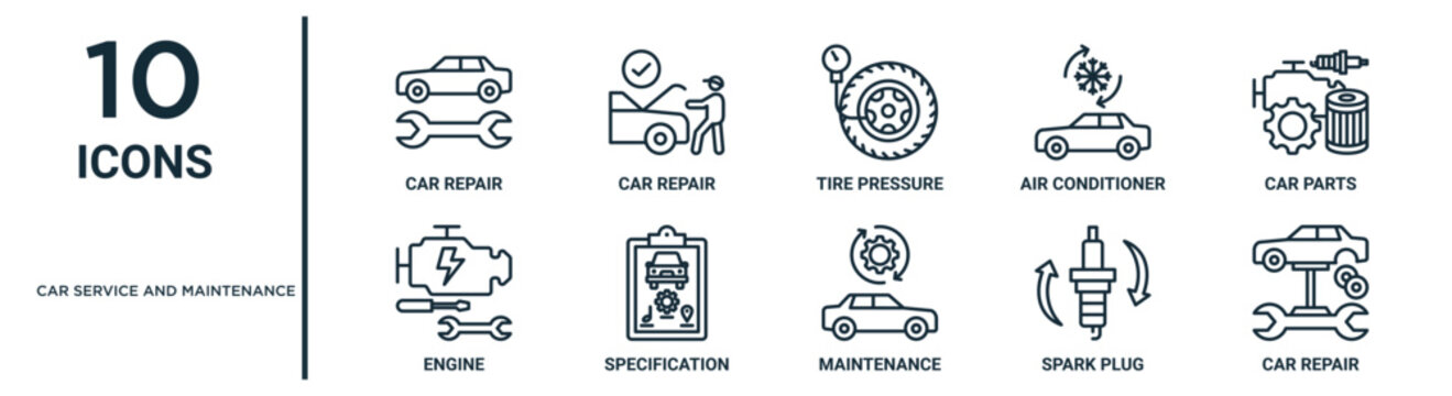 car service and maintenance outline icon set such as thin line car repair, tire pressure, car parts, specification, spark plug, repair, engine icons for report, presentation, diagram, web design