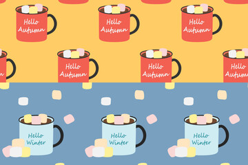 Set of 2 endless patterns with mugs, warm drink, marshmallow and seasonal lettering in trendy shades