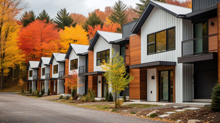 Modern Vermont townhouses, Autumn in Vermont with Fall Foliage and colorful leaves - obrazy, fototapety, plakaty