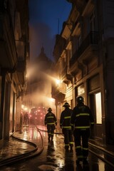 Three unrecognizable firemen walk relaxedly through a street full of smoke after extinguishing a fire, hoses on the wet ground and a truck in the background with lights on.