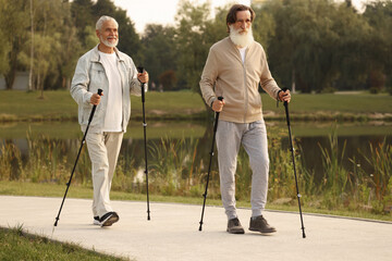 Two senior friends performing Nordic walking outdoors