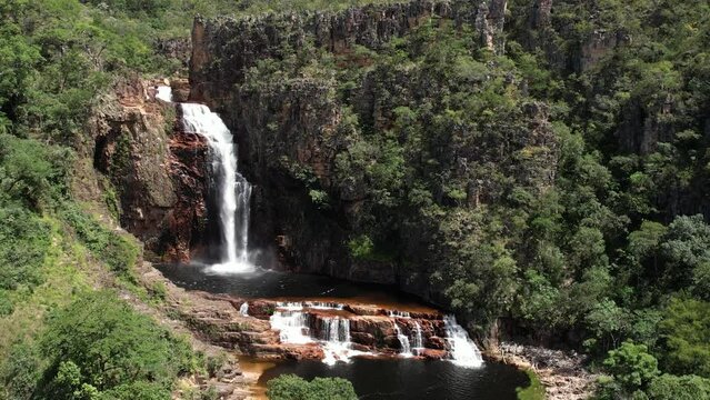 aerial view of the Catedral waterfall and Macaco river in Complexo do Macaco in Chapada dos Veadeiros Goi&aacute;s Brazil