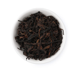 Bowl of traditional Chinese pu-erh tea leaves isolated on white, top view