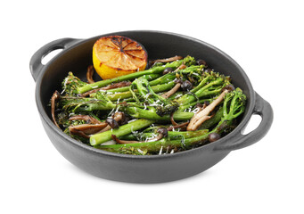 Tasty cooked broccolini, mushrooms and lemon isolated on white