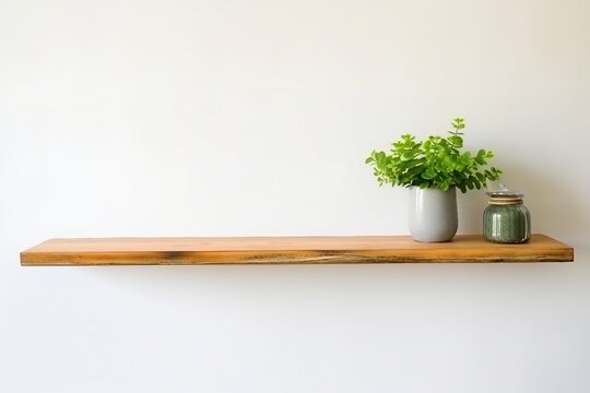 interior design, wooden shelf on white wall with green plant. generative ai.