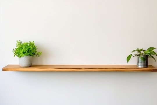 interior design, wooden shelf on white wall with green plant. generative ai.