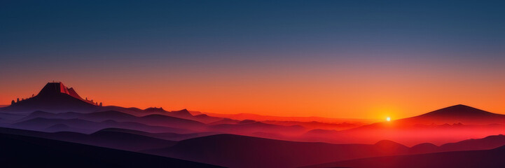 Obraz premium Mountain silhouettes under a foggy sunrise, Generative AI