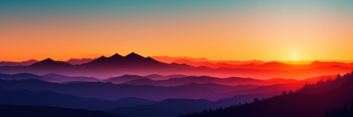Mountain silhouettes under a foggy sunrise, Generative AI