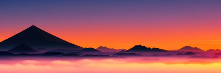 Mountain silhouettes under a foggy sunrise, Generative AI