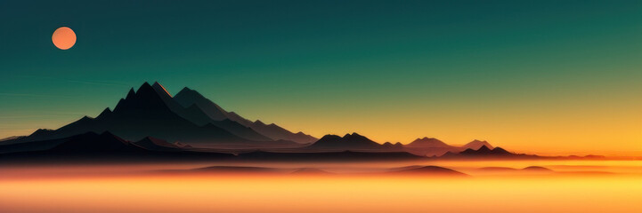 Mountain silhouettes under a foggy sunrise, Generative AI