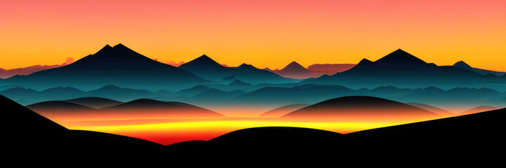 Mountain silhouettes under a foggy sunrise, Generative AI