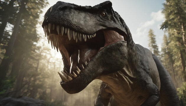 Dinosaur: Tyrannosaurus rex with powerful jaws open, ferocious might of the t-rex