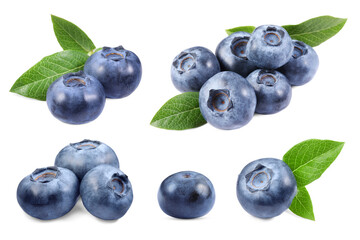Set with fresh ripe blueberries and green leaves isolated in white