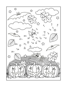 Dot-to-dot and coloring page - Halloween bat
