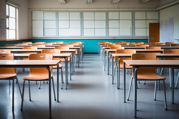 Empty classroom with vacant student desks in a bright classroom, lockdown pandemic or out of school concept