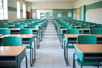 Empty classroom with vacant student desks in a bright classroom, lockdown pandemic or out of school concept