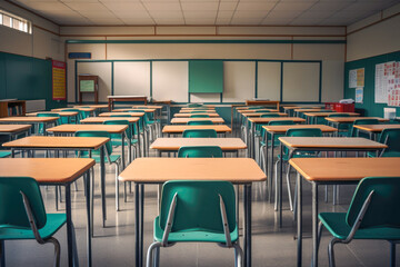 Empty classroom with vacant student desks in a bright classroom, lockdown pandemic or out of school concept