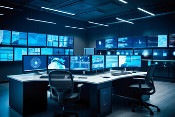 Interior of big modern security system control room, workstation with multiple displays, monitoring room with at security data center. Nobody.