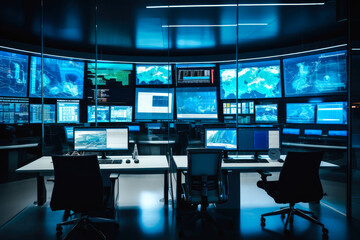 Interior of big modern security system control room, workstation with multiple displays, monitoring room with at security data center. Nobody.