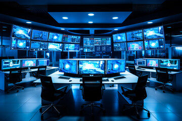 Interior of big modern security system control room, workstation with multiple displays, monitoring room with at security data center. Nobody.