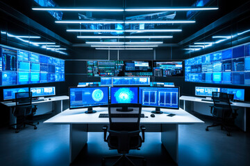 Interior of big modern security system control room, workstation with multiple displays, monitoring room with at security data center. Nobody.