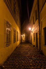 Evening view of a narrow alley in the Old Town of Prague, Czech Republic