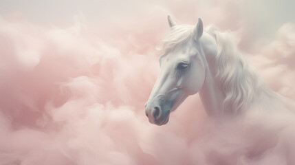 Fototapeta premium Closeup on the Head of a Majestic White Horse as they are Surrounded by Pink Cotton Candy Smoke or Clouds - Pink Pastel Color Tones in Muted Surrealism Aesthetic - Whimsical 