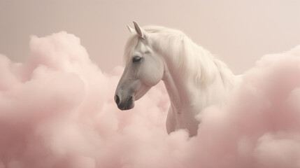 Obraz na płótnie Canvas Closeup on the Head of a Majestic White Horse as they are Surrounded by Pink Cotton Candy Smoke or Clouds - Pink Pastel Color Tones in Muted Surrealism Aesthetic - Whimsical 