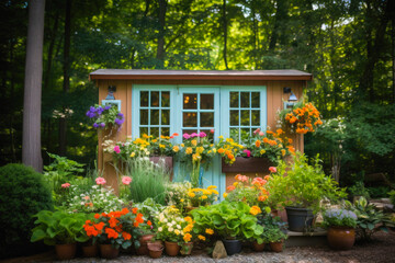 A view of a garden shed with window box full of colorful flowers. Cottagecore or gardening concept