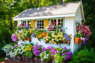 Fototapeta na wymiar A view of a garden shed with window box full of colorful flowers. Cottagecore or gardening concept