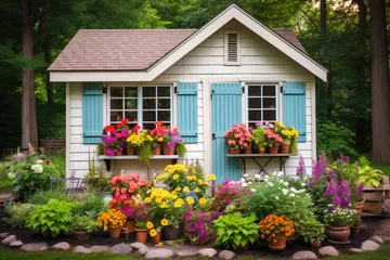 Foto op Plexiglas A view of a garden shed with window box full of colorful flowers. Cottagecore or gardening concept © MVProductions