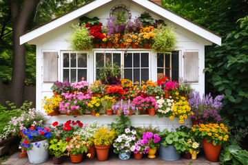Fototapeta na wymiar A view of a garden shed with window box full of colorful flowers. Cottagecore or gardening concept