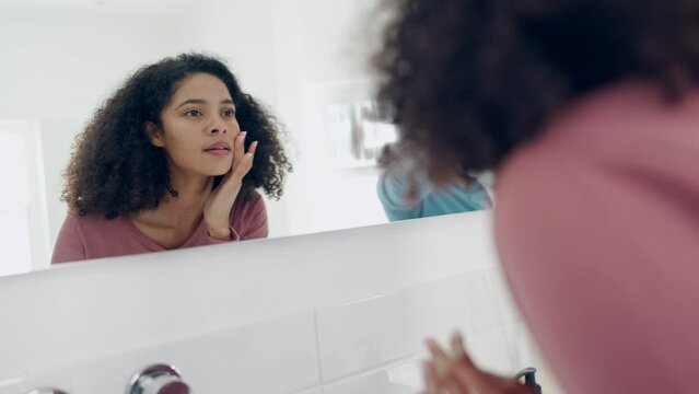 Cream, bathroom mirror and face of woman, couple or people apply skincare lotion, ointment or facial hydration product. Acne creme, skin protection and home person application of morning sunscreen