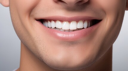 Fototapeta premium Dental Care. close up mouse, handsome cute smile with very clean perfect teeth. chin, nose and mouth visible. dental service advertisement, Healthy Smile
