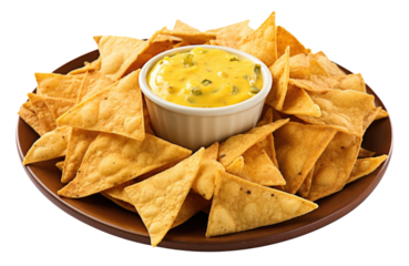 Nachos With Cheese Dipping Sauce Isolated on Transparent Background
