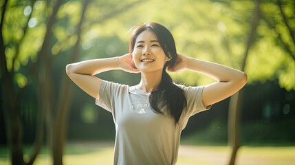 health care female exert on the park. Asian woman doing exercises in morning. balance, recreation, relaxation, calm, good health, happy, relax, healthy lifestyle, reduce stress, peaceful, Attitude.