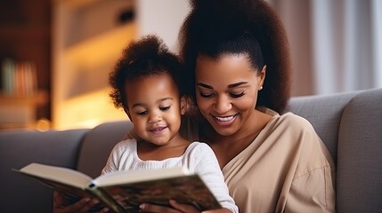 Obraz premium mother relax and read book with baby time together at home. parent sit on sofa with daughter and reading a story. learn development, childcare, laughing, education, storytelling, practice..