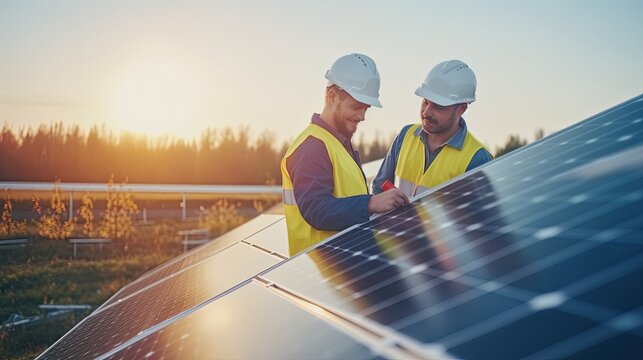 electrical engineer and worker in reflective vests and hard hats inspection long row of solar panel and talk about install new solar panels. renewable, clean energy, solar energy, generate by AI
