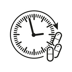 Time taking dose medication icon. Hour pills treatment symbol. Ingestion tablets reminder icon. Vector illustration. EPS 10.