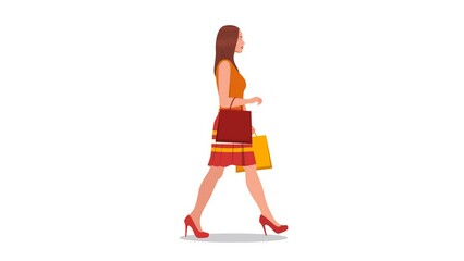 Side view of woman walking while carrying shopping bags. Cartoon people animation with alpha channel