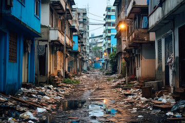 Income inequality, a view of a slum with dilapidated shanty houses. Poor people concept - obrazy, fototapety, plakaty