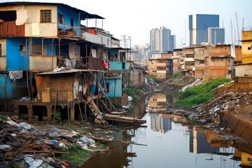 Fototapeta premium Income inequality, a view of a slum with dilapidated shanty houses. Poor people concept